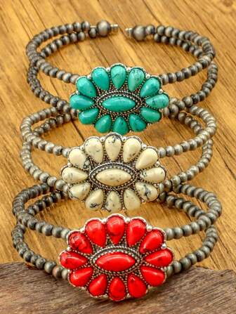 1pc Bohemian Style Open Design Beaded Bracelet With Turquoise Inlaid, Vintage Women Beaded Bracelet