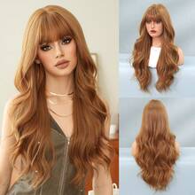 7JHH WIGS 28 Inch Ginger Brown Wig, Luxurious Long Wavy Curly Hair With Bangs, Fluffy And Natural, Made Of Very Soft Heat-Resistant Synthetic Fiber, Fully Machine Curled, Suitable For Girls' Daily Wear, Music Festival Parties, Street Outfits, Anime Cosplay Or Costume Styling. - 黃色 - 查看 12