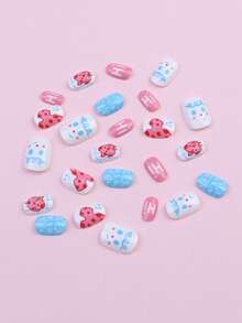 24 piezas de uñas postizas acrílicas falsas para niñas, uñas artificiales súper cortas para cubrir por completo, puntas de uña lindas para niñas - Multicolor - Ver 3