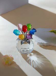 Colorful Rose Flower Crystal Figurine With Vase, Romantic Gifts For Mom On Anniversary Mother's Day Birthday, Handmade Crystal Flower Collectible, Home Table Decor ​For Mother's Day Wedding Anniversary, Home Decorations Mother's Day