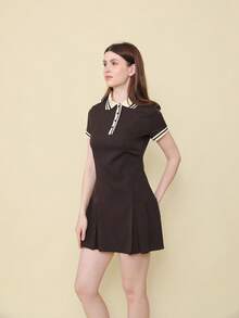 Abito a pieghe color block a righe a costine di moda - Castano - Visualizzare 2