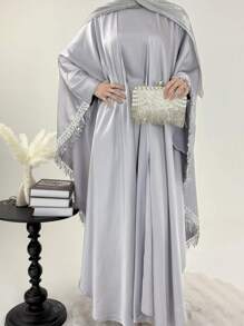 Set de 2 piezas Conjunto modesto y elegante con flecos con lentejuelas y bata, cuello redondo, conjunto de abaya elegante y grácil para fiesta, cita, ceremonia