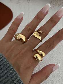 3 件复古简约不对称金属水滴几何圆形开口可调节厚实金银色珠宝戒指套装，适合日常休闲佩戴、节日派对、度假 - 3件組戒指 - 查看 4