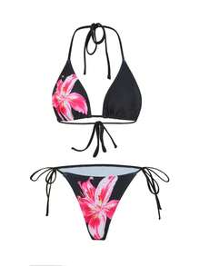 3 件套夏季花卉印花细肩带比基尼套装带裹身裙，性感女士沙滩泳装 - 黑色 - 查看 4