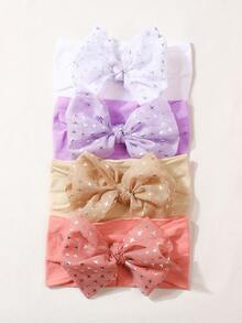 4件套新生儿柔软尼龙糖果色可爱大蝴蝶结婴儿发带套装，适合日常四季佩戴 - 彩色 - 查看 5