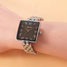 1 pièce Montre carrée dorée pour hommes et femmes, avec des chiffres romains sur le cadran, convient pour les activités professionnelles, l'utilisation quotidienne, comme cadeau pour les amoureux, la Fête des pères et la Fête des mères.