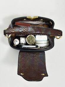 女士奢华蛇纹手提包，时尚叠层设计搭配金色五金配件，多功能单肩/斜挎包，PU材质，优雅日常之选，可拆卸肩带 - 咖啡棕 - 查看 4