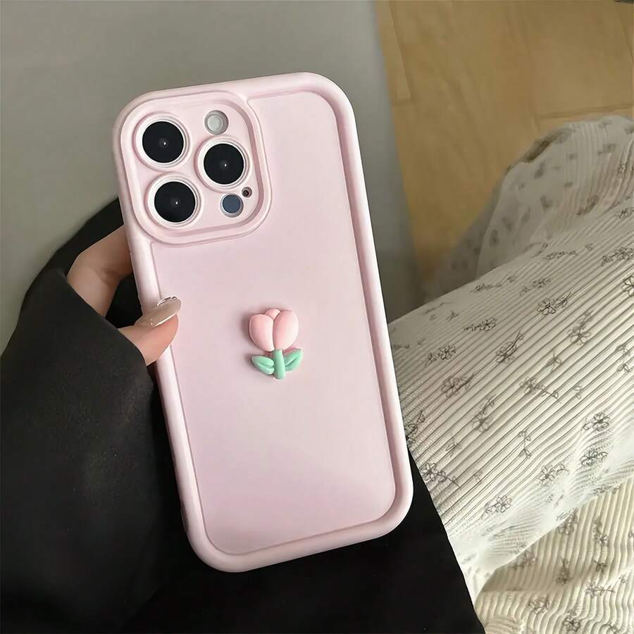 1个粉色直边极简3D花朵镜头保护磨砂手机壳，兼容 16 Pro Max、15/14 Plus、13/12/11系列，防水防震防摔防刮手机壳 - 彩色 - 查看 1