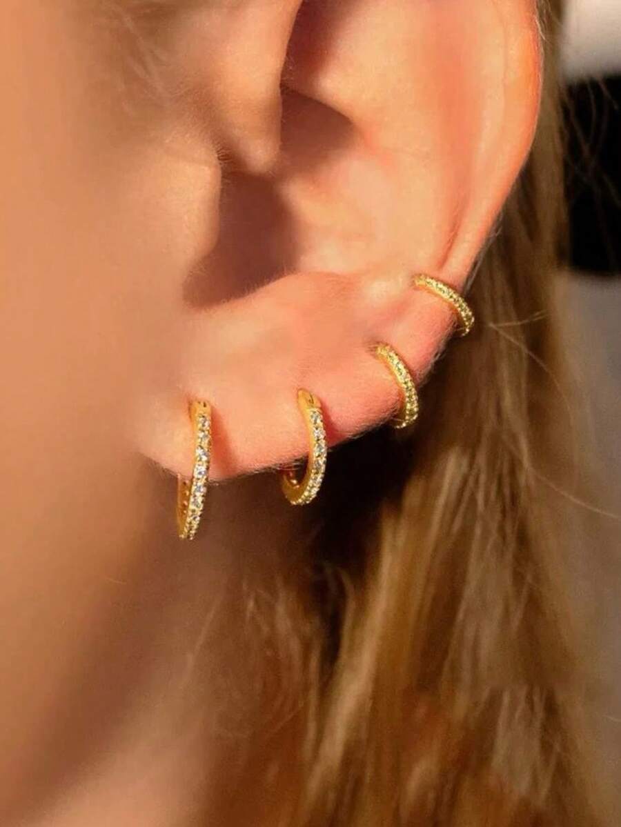 Kit 3 Pares Brinco Trio Com 3 Argolas 6mm 8mm 12 mm Feminino Cravejada Na Zircônia bijuteria Dourado Prata Fashion Top Promação Pronta Entrega - ABR2411624 - Visão 1