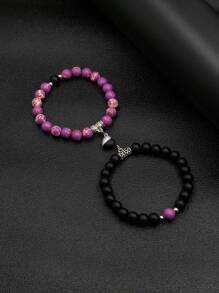 2pcs/Set Magnetic Heart Couple Bracelets, Bead Bracelet, Versatile Colors & Styles Suitable For Daily Wear, Parties, Great Gift For Boyfriend
