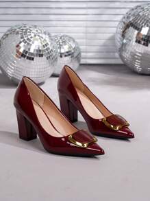 Fashion Plus Size Women's Pointed Toe High Heel Shoes, Burgundy Color With Buttons, Comfortable, Spring/Autumn