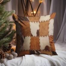 Vintage Cowhide Print Throw Pillow Covers Set Of 1, Short Plush Fabric, Rustic Patchwork Cow Hide Design, Hand Washable, Decorative Pillowcases 45*45cm With Zipper For Bedroom And Living Room,Without Pillow Core