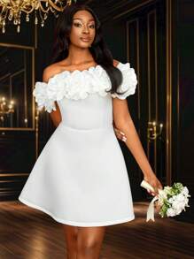 Vestido corto mini sin tirantes de flores 3D aplicadas en blanco para mujer - Vestido de novia, vestido de graduación