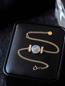 1pc Fashionable 925 Sterling Silver INS Style Safety Buckle With Artificial Jade Elegant Women's Bracelet, Suitable For Ladies' Daily Wear, Holiday & Party Gift, Jewelry