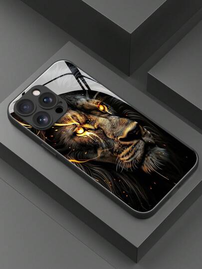 1pc New Dark Lion Head Pattern Anti-Drop Glass Phone Case, Compatible With IPhone 17 Pro Max/17 Air/16 Pro Max/15/14 Plus/13/12/11/XR/8P And Galaxy S25/S24/S23 Ultra/S22/S20/Note20/Note10/A56/A53/A14/A05
