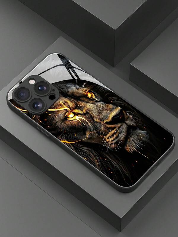 1 pieza Nuevo estuche de teléfono de vidrio anti-caída con patrón de cabeza de león oscuro, compatible con iPhone 17 Pro Max/17 Air/16 Pro Max/15/14 Plus/13/12/11/XR/8P y Galaxy S25/S24/S23 Ultra/S22/S20/Note20/Note10/A56/A53/A14/A05