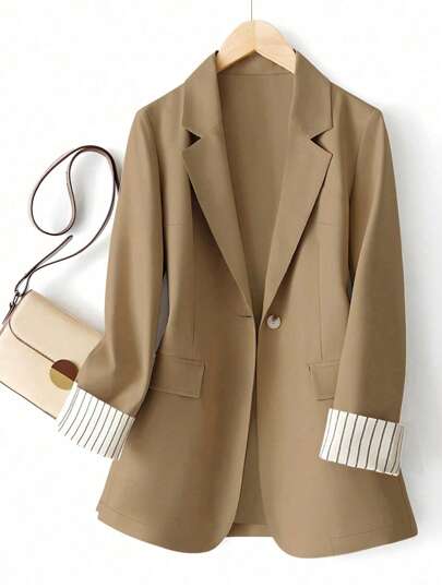 Plus Size Women Casual/Work Sleeve Stripe Patchwork Single Button Long Sleeve Blazer