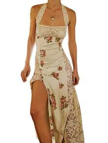 Women's Lace Patchwork Dress Square Neck Backless Hanging Neck Suspender Dress Summer Fashion Party Dress