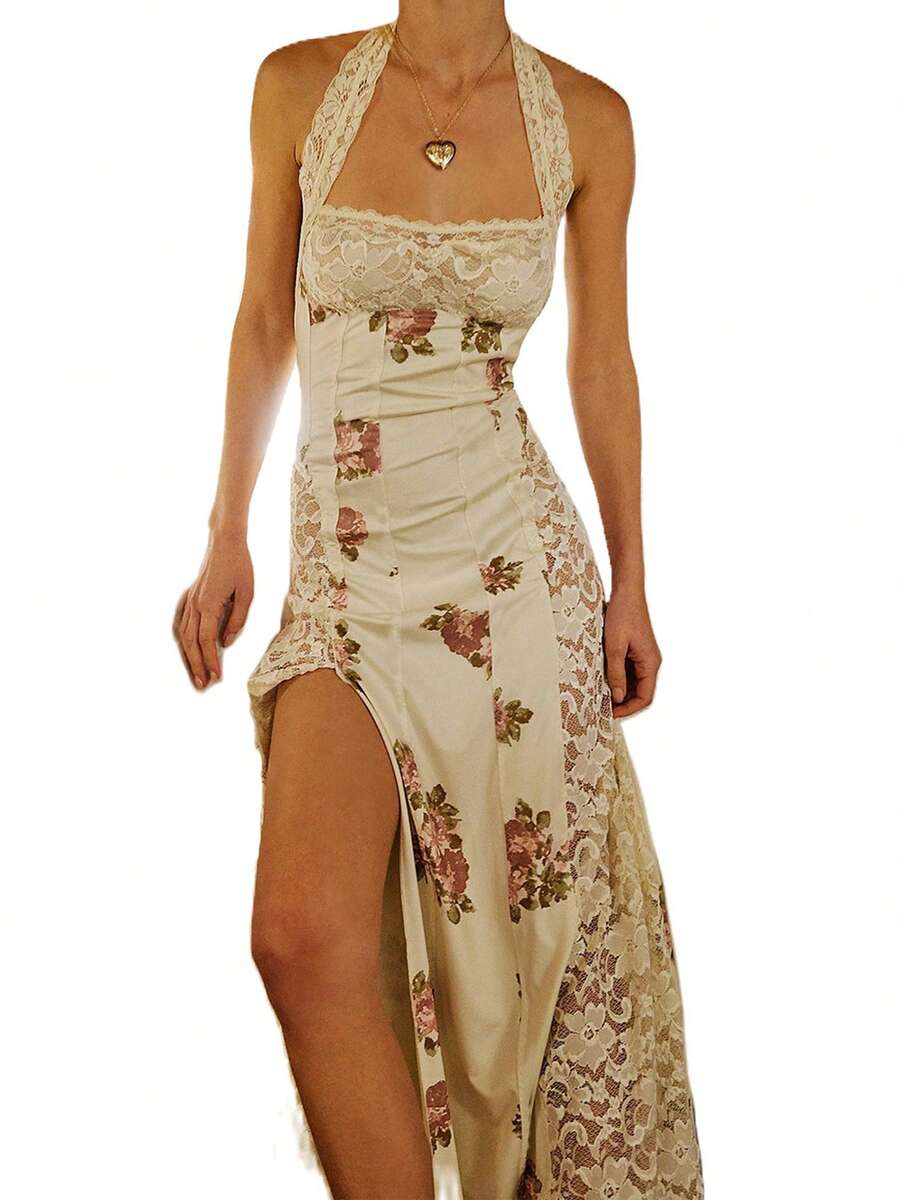 Women's Lace Patchwork Dress Square Neck Backless Hanging Neck Suspender Dress Summer Fashion Party Dress