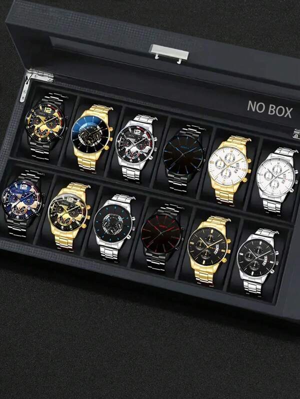 12 Pieces/Set Men's Fashion Business Quartz Watch Set, Round Dial, Alloy Strap, Multiple Pieces To Mix And Match, Personalized And Arbitrary Matching, Men's Watch, Birthday Gift, Father's Day Gift, Holiday Gift