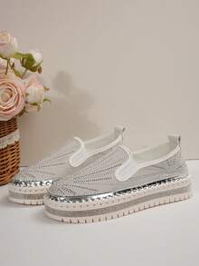 Rhinestone Women Shoes, Sequin Shoes, Platform Women Shoes, Slip-On Women Shoes, Summer Shoes, Mesh Breathable Shoes, Bowknot Women Shoes, Comfortable Shoes, White Shoes, Platform Shoes, Loafer Shoes - White - View 6