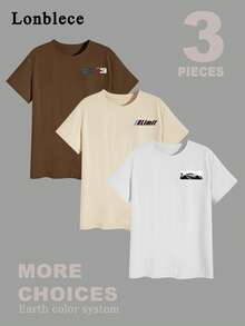 Lonblece 3pcs Unisex Round Neck T-Shirt With Racing Element Heat Transfer Print, Casual & Comfortable - Multicolor - View 2