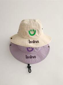 Customized Embroidered Name Bucket Hat, 48-52CM, Cute Smiling Face Cotton Sun Hat For Children Aged 1-6, Versatile For Kindergarten Outdoor, Cartoon Toddler Sunhat, Customizable Letters, Great For Gifts, Birthday, Back To School - Multicolor - View 10