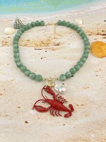 Retro Versatile Crustacean Beaded Handmade Necklace, Vintage Alloy Boho Seafood Jewelry, Fashion Unique Resort Style