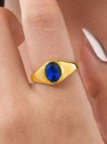 1pc Retro Stainless Steel Green, Red, Yellow, Blue, White, Black Zirconia Gold Color Rings, Vintage Style Women Jewelry, Suitable For Summer