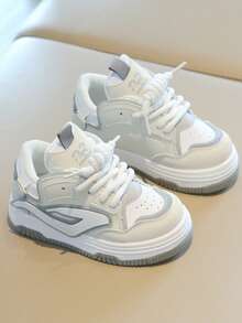 1 双儿童中性 PU 交叉系带防滑圆头厚底软底可爱运动鞋，百搭休闲篮球鞋，适合所有季节 - 米色 - 查看 4