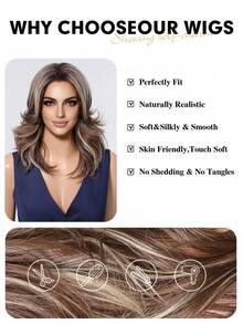 16 英寸长卷发优雅棕色挑染假发，适合时尚女士棕色混合金色合成假发，耐热日常派对度假使用，音乐节个性化假发 - 挑染棕色 - 查看 5