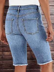 Embroidered Mid-Length Shorts, Floral & Leaf Print, Denim Fabric, Pocket Design, Raw Hem, Button Closure, Spring/Summer