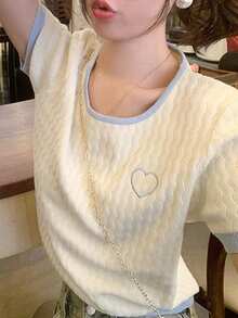 Alicedudu Women's Summer Contrast Edge Embroidered Round Neck Short Sleeve Top - Beige - View 4