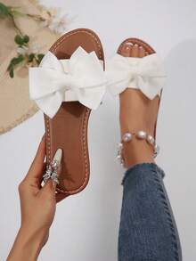 Bow-Knot Sandals Outdoor Fashion Slip-On Slippers Women Non-Slip Beach Slide Sandals, Suitable For Dating, Shopping, Holiday, Beach & Entertainment,Spring Summer Outfits - White - View 2