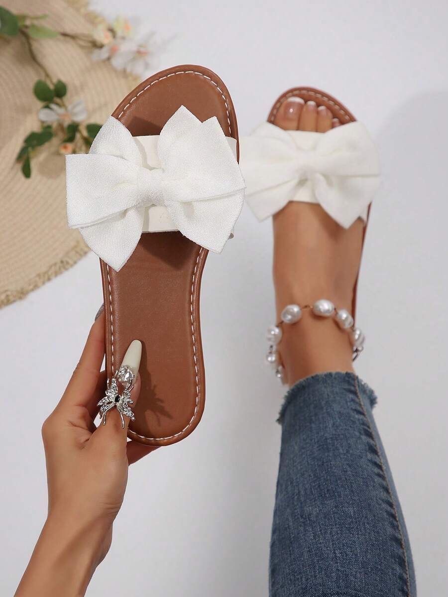 Bow-Knot Sandals Outdoor Fashion Slip-On Slippers Women Non-Slip Beach Slide Sandals, Suitable For Dating, Shopping, Holiday, Beach & Entertainment,Spring Summer Outfits