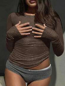 Plus Size Women's Fashionable Sexy Sparkling Rhinestone Sheer Fitted Elegant Versatile Long Sleeve Round Neck Top, Music Festival - Coffee Brown - View 1