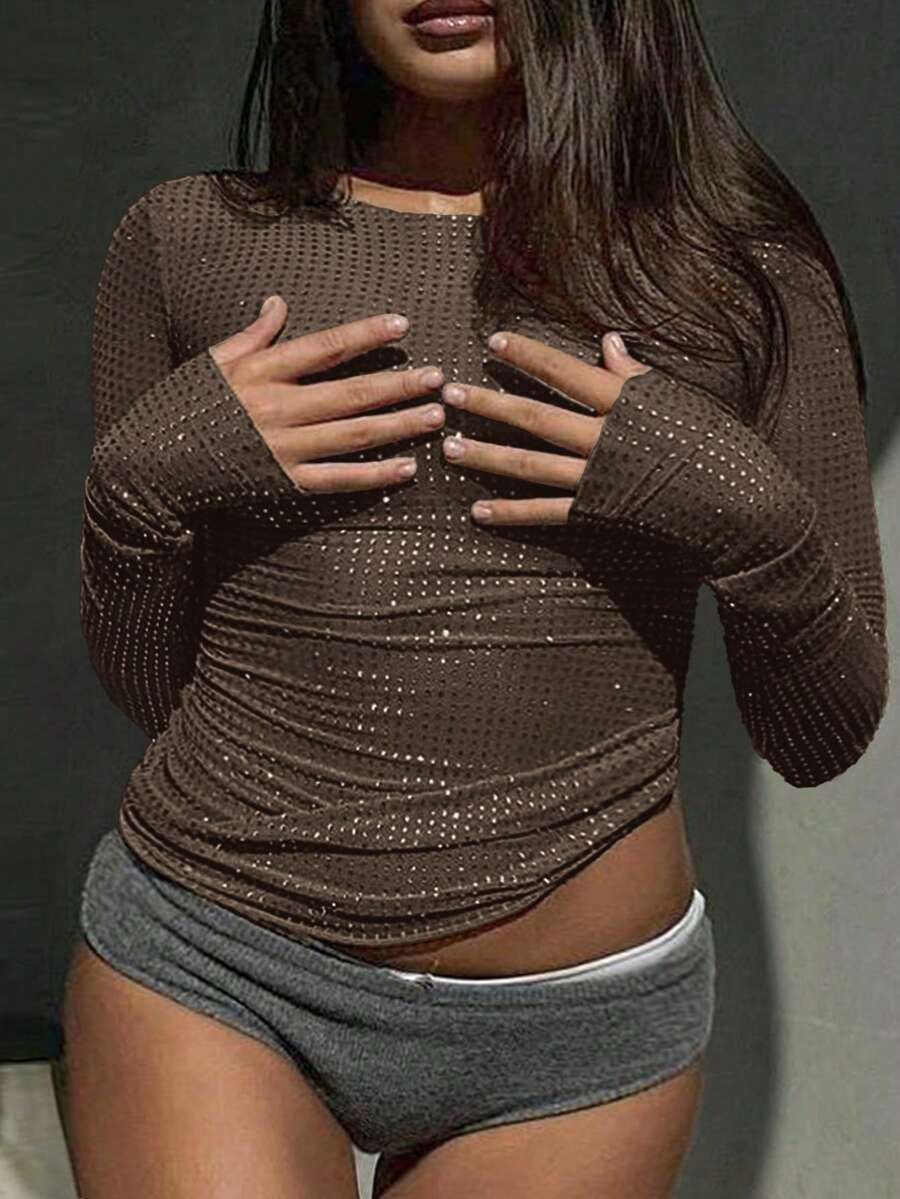 Plus Size Women's Fashionable Sexy Sparkling Rhinestone Sheer Fitted Elegant Versatile Long Sleeve Round Neck Top, Music Festival - Coffee Brown - View 1