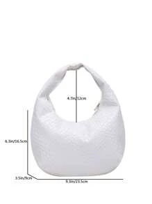 Mini Fashionable Woven Crescent Handbag, Woven Texture Embossed Solid Color Casual Large Shoulder Crossbody Bag, Versatile Commuter Bag, Tote Bag, Baguette Bag For Women