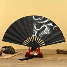 1pc Retro Style Black Fabric Double-Sided Folding Fan With Chinese Dragon Ink Painting Design Summer Cooling,Beach,Travel