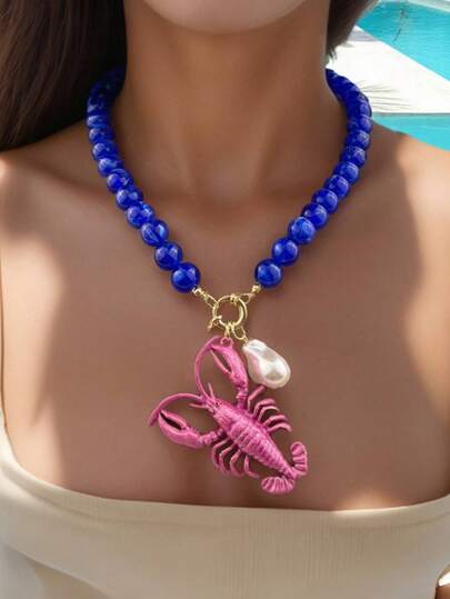 复古流苏锌合金龙虾串珠手工编织项链，时尚独特的度假风格颈链配饰