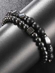 2pcs Fashionable Versatile Black Agate Beaded Bracelets For Men - Black - View 3