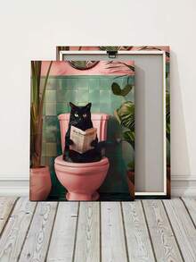 1幅无框浴室黑猫海报墙画，抽象猫咪如厕看报纸现代植物图片，彩色帆布油画印刷品，适用于客厅卧室装饰 - 彩色 - 查看 9