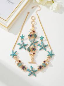 1pc Short Beach Style Enamel Starfish, Coral, Rhinestone, Sea Shell & Faux Pearl Necklace, Suitable For Women To Wear At The Beach