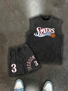 Men's Washed Vintage Basketball Style Tank Top And Shorts Set, "Sports & Outdoor - Basketball Style-Jump From The Free Throw Line"