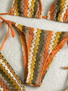 Summer Beach Vacation 3pcs For Women:Featuring A Wave Patterned Triangle Bra,Paired With Loose Long Pants Bikini Set - Multicolor - View 4