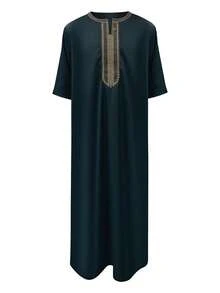 Bata bordada para hombres en Eid, bata de hombre de unicolor, gandoura de hombre, túnica tradicional de hombre con bolsillos - Verde Oscuro - Ver 2