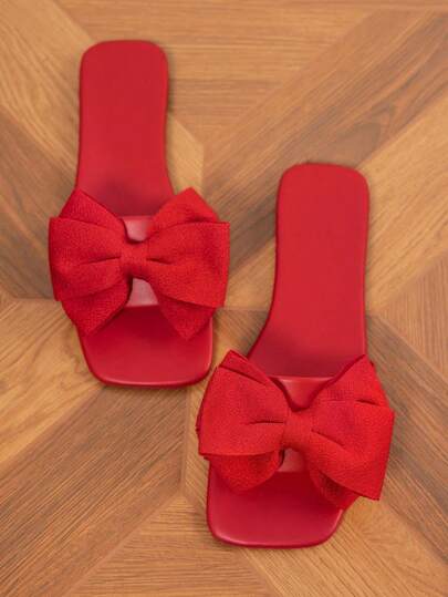 Women's New Flat Bottom Plus Size And Wide Width Sandals, Fashion Flat Sandals With Square Toe Bow Design, Solid Color Lady And Girl Stylish Casual French Romantic Style, High-End Design, Multi-Function Flat Slippers For Party, Beach, Date Night, Daily Casual Wear, Suitable For Overweight And Wide Feet Ladies Wide Fit,Travel Essentials For Summer