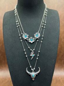 1 Set Fashion Retro Bohemian Style Zinc Alloy Flower/Lightning/Cow Head 3-Layer Pendant Necklace That Can Be Matched Freely, Flower Earrings Pendant, Suitable For Women/Girls To Match Daily Clothes, Party Accessories, Jewelry Gift For Family/Friends/Yourself