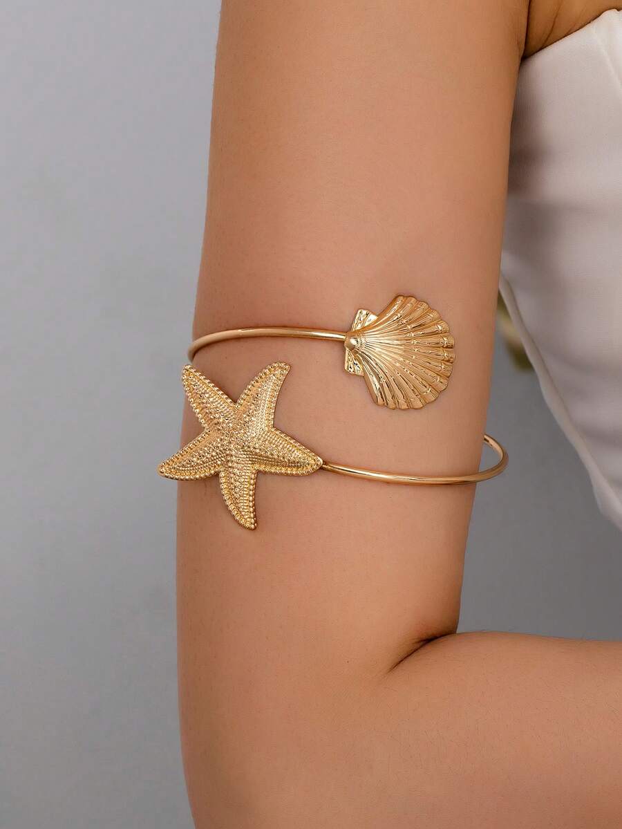 1pc Shell & Starfish Armband, Women Summer Upper Arm Bracelet, Beach Style Body Jewelry - Gold - View 1
