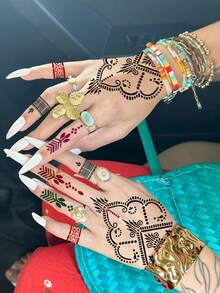 Haina Hands Tattoo Template, Fingernail Flower Tattoo Template, Staining Cream Combination, Haina Hand Drawing Set (Tattoo Template+Tattoo Juice Staining Cream), Multi Pattern, Male And Female, Semi Permanent Finger, Wrist, Shoulder, Neck, Collarbone, Body Art, Skin, Hand Drawn Waterproof Simulation Tattoo Template Set - Multicolor - View 4